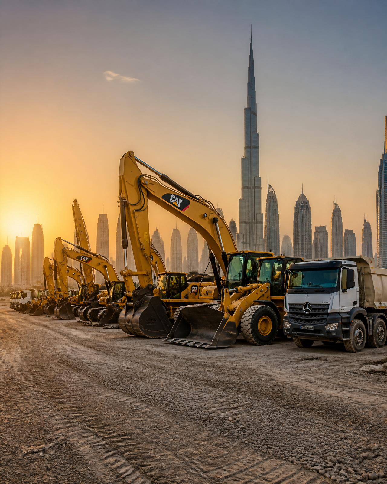Lincoln Demolition heavy equipment fleet — CAT excavators, wheel loaders and tipper trucks lined up at a Dubai site
